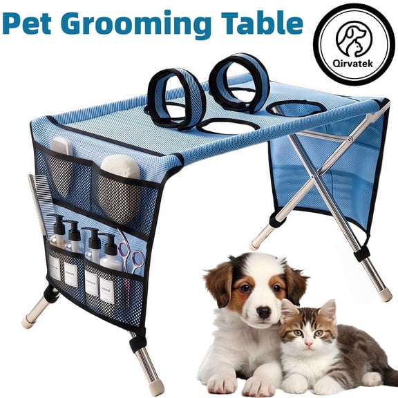 Becare Pet Pet Grooming Table With Stainless Steel Support Restraint 2 Straps Side Storage Pockets for Small Dog Cat Bath Trimming Travel Home Use