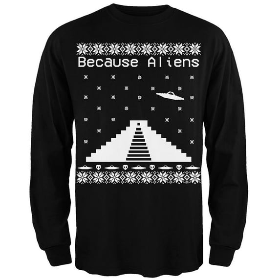 Because Aliens Pyramid Ugly Christmas Sweater Black Adult Long Sleeve T-Shirt - 2X-Large
