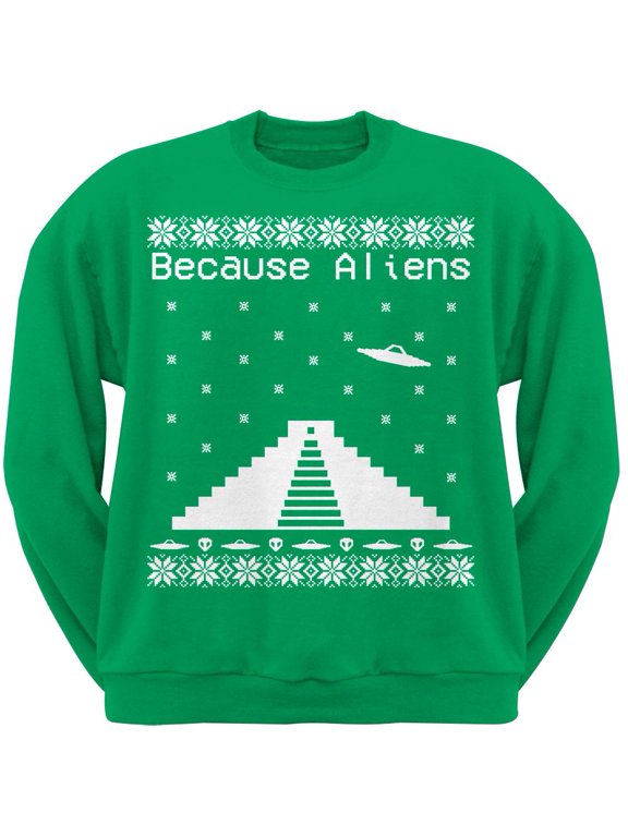 Because Aliens Pyramid Ugly Christmas Sweater Green Adult Sweatshirt - 2X-Large
