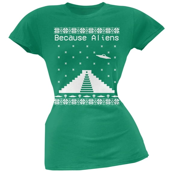 Because Aliens Pyramid Ugly Christmas Sweater Green Juniors T-Shirt - Large