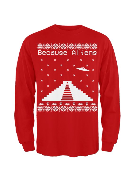 Because Aliens Pyramid Ugly Christmas Sweater Red Adult Long Sleeve T-Shirt - Medium