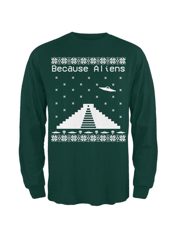 Because Aliens Pyramid Ugly XMAS Sweater Forest Adult Long Sleeve T-Shirt - Large