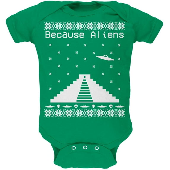 Because Aliens Pyramid Ugly XMAS Sweater Kelly Green Soft Baby One Piece - 3-6 months