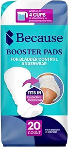 Because Incontinence Booster Pads Overnight - Ultra Long 16", For Women and Men, Adds 4 Cups Absorbency to Adult Diapers. 20 Boosters