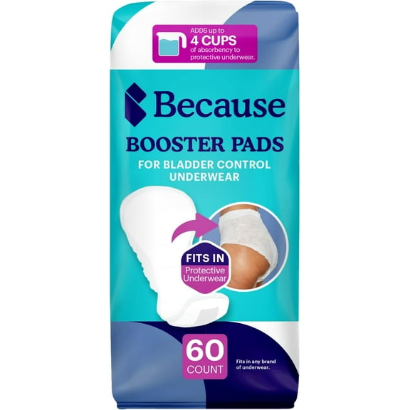 Because Incontinence Booster Pads Overnight - Ultra Long 16", For Women and Men, Adds 4 Cups Absorbency to Adult Diapers. 60 Boosters (3 Packs of 20)