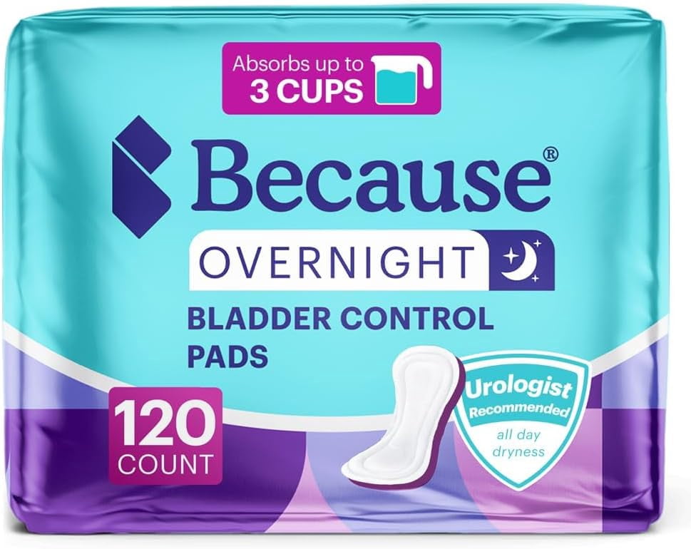 Because Premium Overnight Absorbency Incontinence Pads for Women, One Size, 120 Count