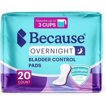 Because Premium Overnight Absorbency Incontinence Pads for Women, One Size, 20 Count