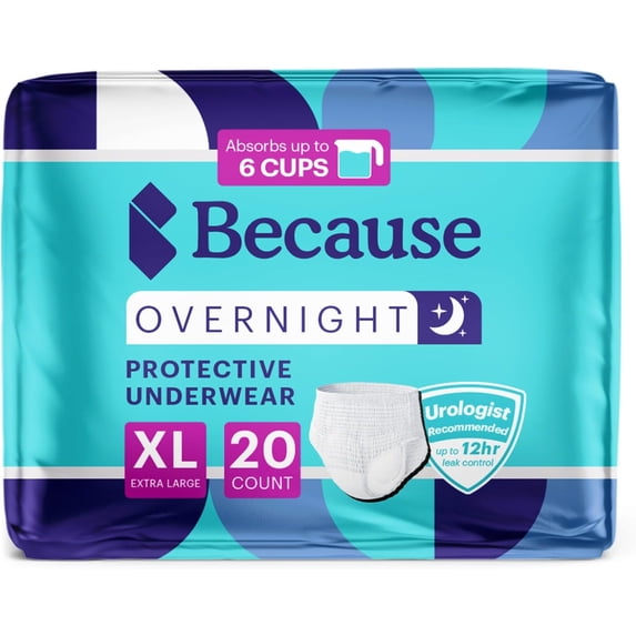 Because Overnight Absorbency Pull Ups - Adult Disposable Incontinence Underwear, Extra Absorbent Nighttime Pull Ups for Men and Women, White, XLarge, 20 Count