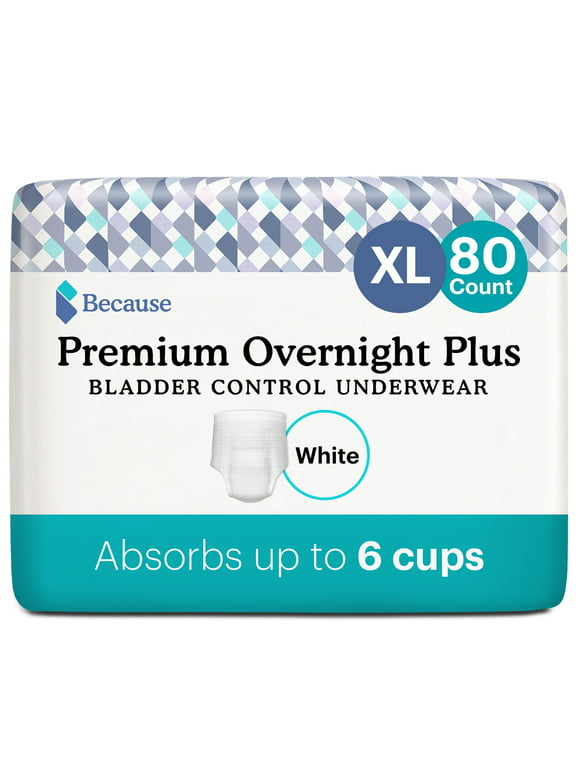 Because Premium Overnight Plus Incontinence Underwear -White-XL, 80 Ct