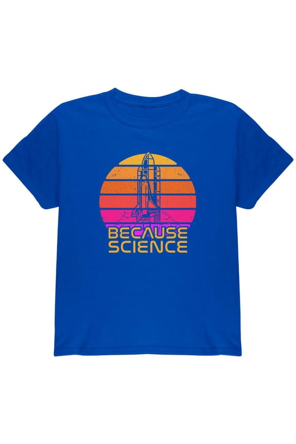Because Science Space Rocket Retro Sunrise Sun 80s Youth T Shirt Royal YMD
