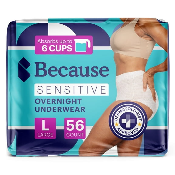 Because Women's Incontinence Underwear - Sensitive Skin - Overnight, L, White, 56 Ct