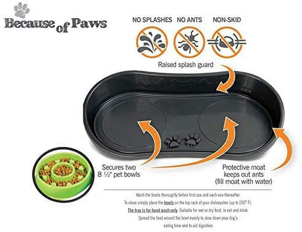 Because of Paws Non-Skid Pet Bowl Tray - with 2 Slow Down Bowls Set - for  Small to Medium Dogs - Protects Floor from Food and Water
