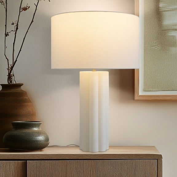 Becca 2 ft. Modern and Geometric Tall Pillar LED Bedside, Table, Desk Lamp with Cream Fabric Shade - Light Bulb Included