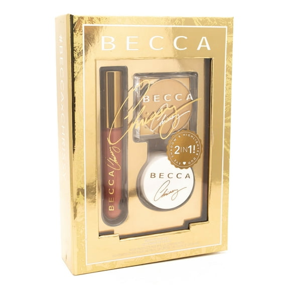 Becca CHRISSY Glow Kitchen Kit, Four Products for Eye, Lips, Cheeks & Face; Glow Souffle Eye Shadow 0.7oz & Highlighter .04oz Duo, Lip Souffle Matted Lip .16 fl oz, Confectionary Glow Powder .14oz