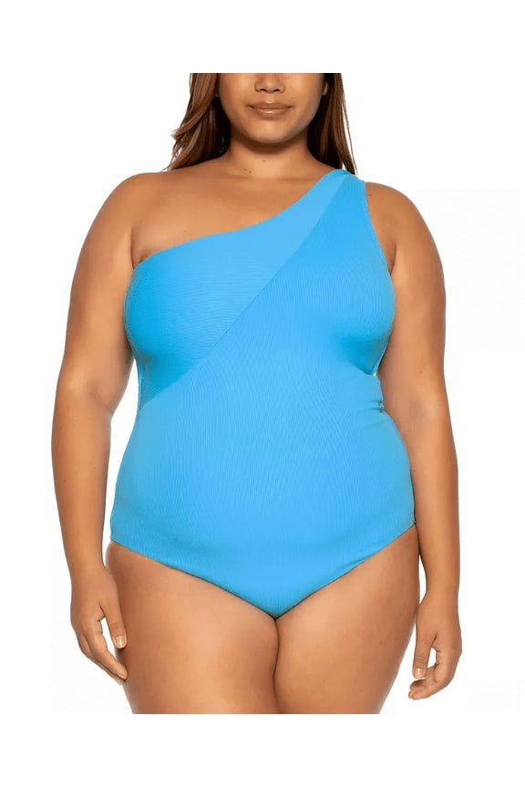 WATERFALL BLUE Plus Size Asymmetrical-Neck One Piece Swimsuit, US 1X
