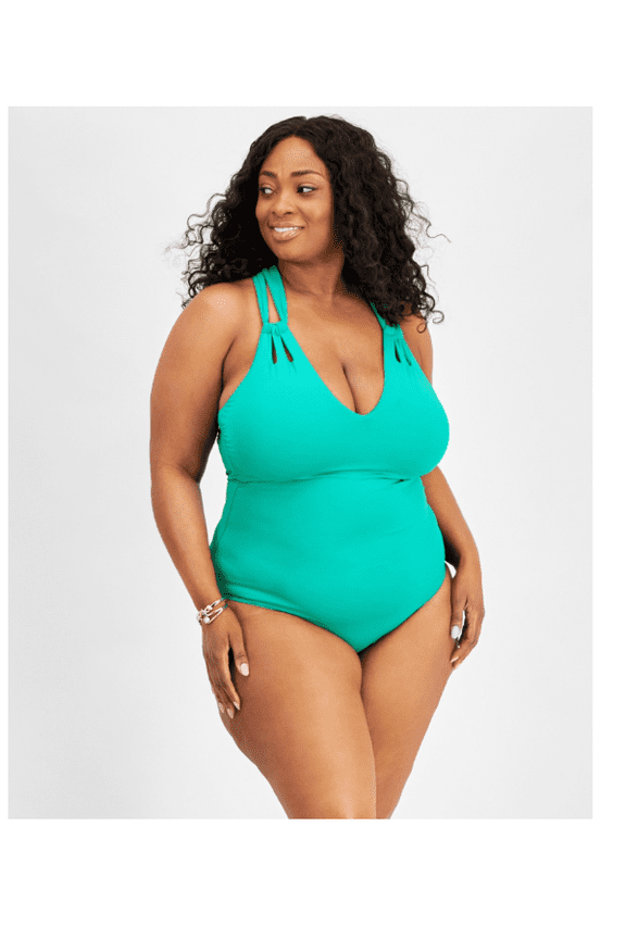Becca Etc Plus Size Color Code Strappy One-Piece Swimsuit - Verde Size 1X