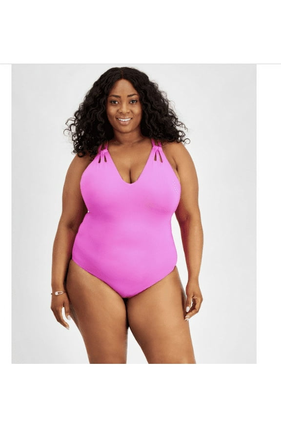 Plus Size Color Code Strappy One-Piece Swimsuit - Vivid Pink