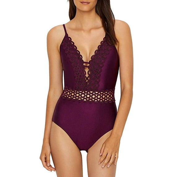 Becca MERLOT Siren Shimmer Plunge One-Piece Swimsuit, US Small