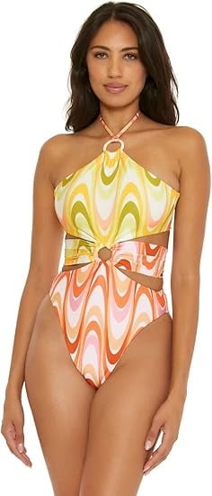 sachin and babi light blue dress Becca MULTI Whirlpool Margot High Neck Halter One Piece Swimsuit, US Small