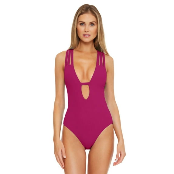 Becca Swimwear Fine Line Skylar One Piece Plunge One Piece Tank, Fine Line Rib Texture