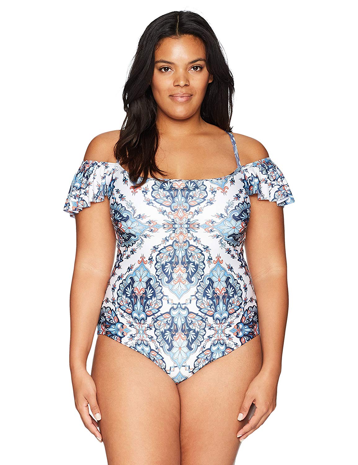 Becca Womens Plus Size Naples Off The Shoulder One Piece Swimsuit (1X, Multi) - image 1 of 2