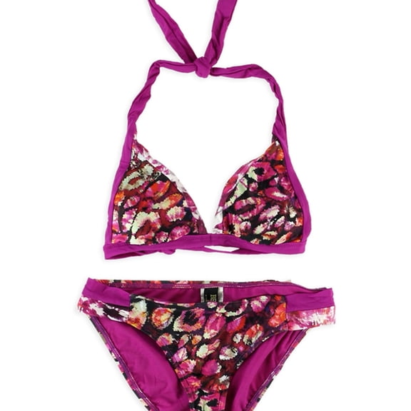 Becca Womens Printed Reversible 2 Piece Bikini, Purple, Small
