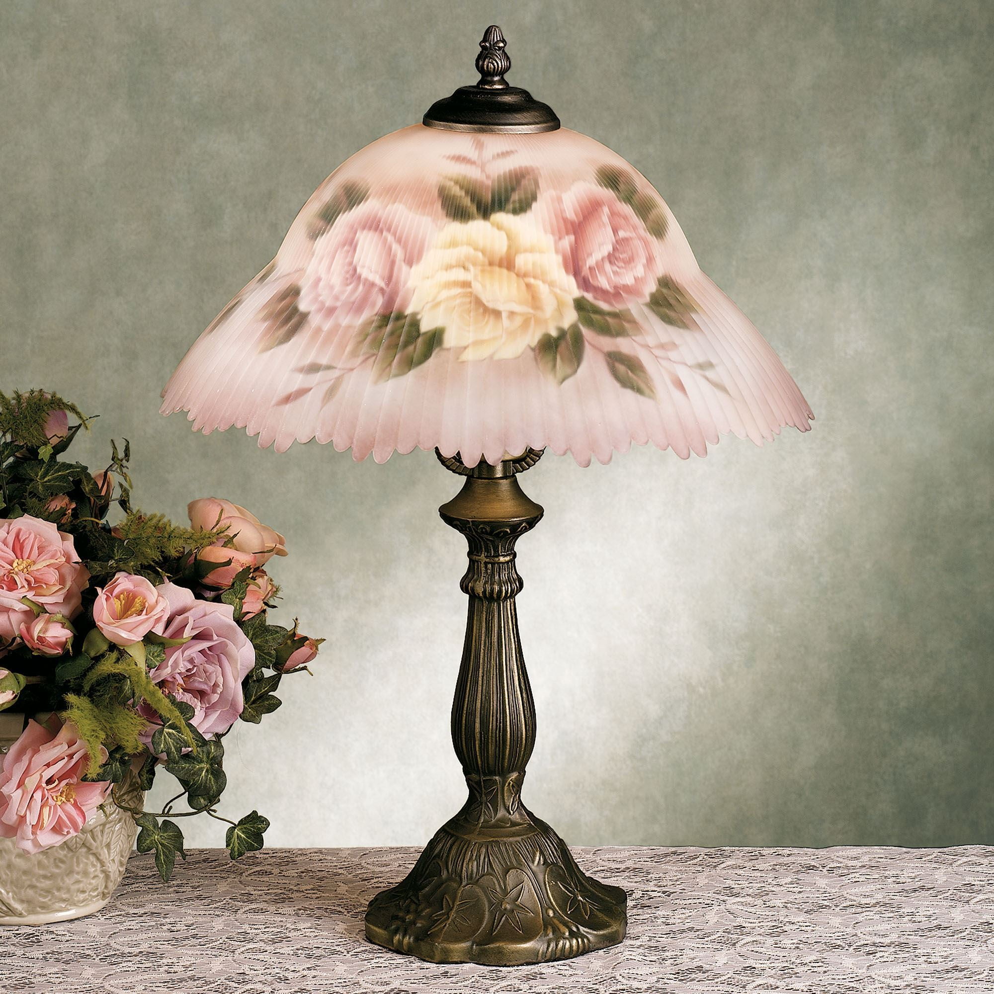 Beccalynn Antique Bronze Floral Table Lamp with Cream Shade
