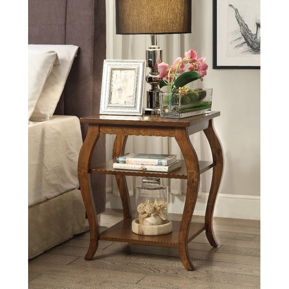 Becci Walnut Finish Accent Table with 2 Shelves & Wooden Leg