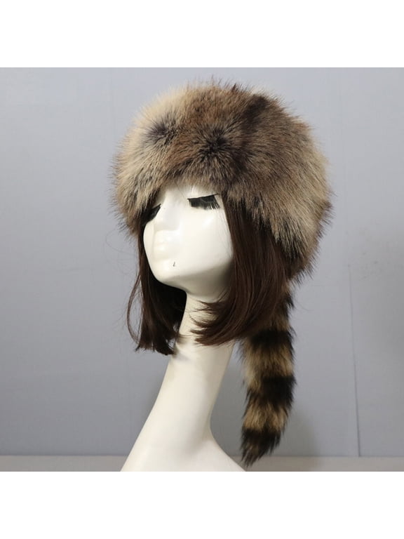 Unisex Faux Fur Cossack Hat with Tail, Winter Russian Style Trapper Coonskin Cap