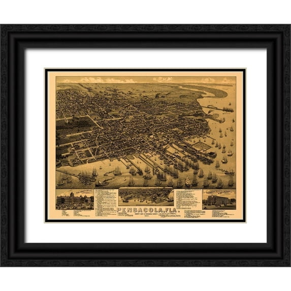 Beck 14x12 Black Ornate Wood Framed with Double Matting Museum Art Print Titled - Pensacola Florida - Beck 1885