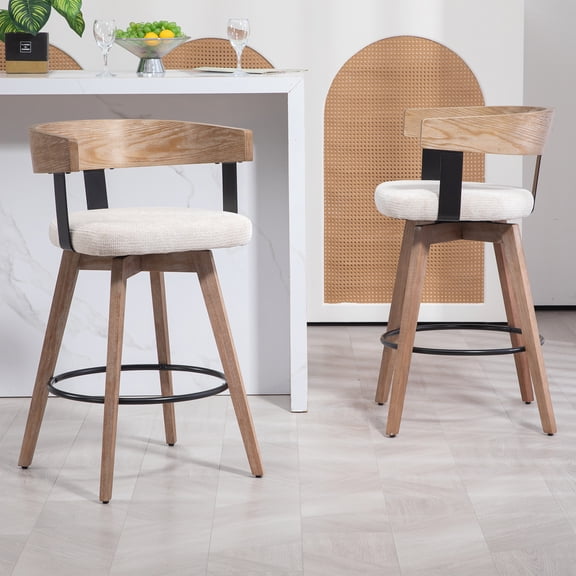 Beck Beige Linen Fabric Counter Stool with Natural Wood Backrest and Legs