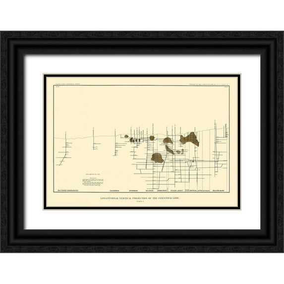 Becker 14x11 Black Ornate Wood Framed with Double Matting Museum Art Print Titled - Comstock Lode Vertical Projection 2 Nevada