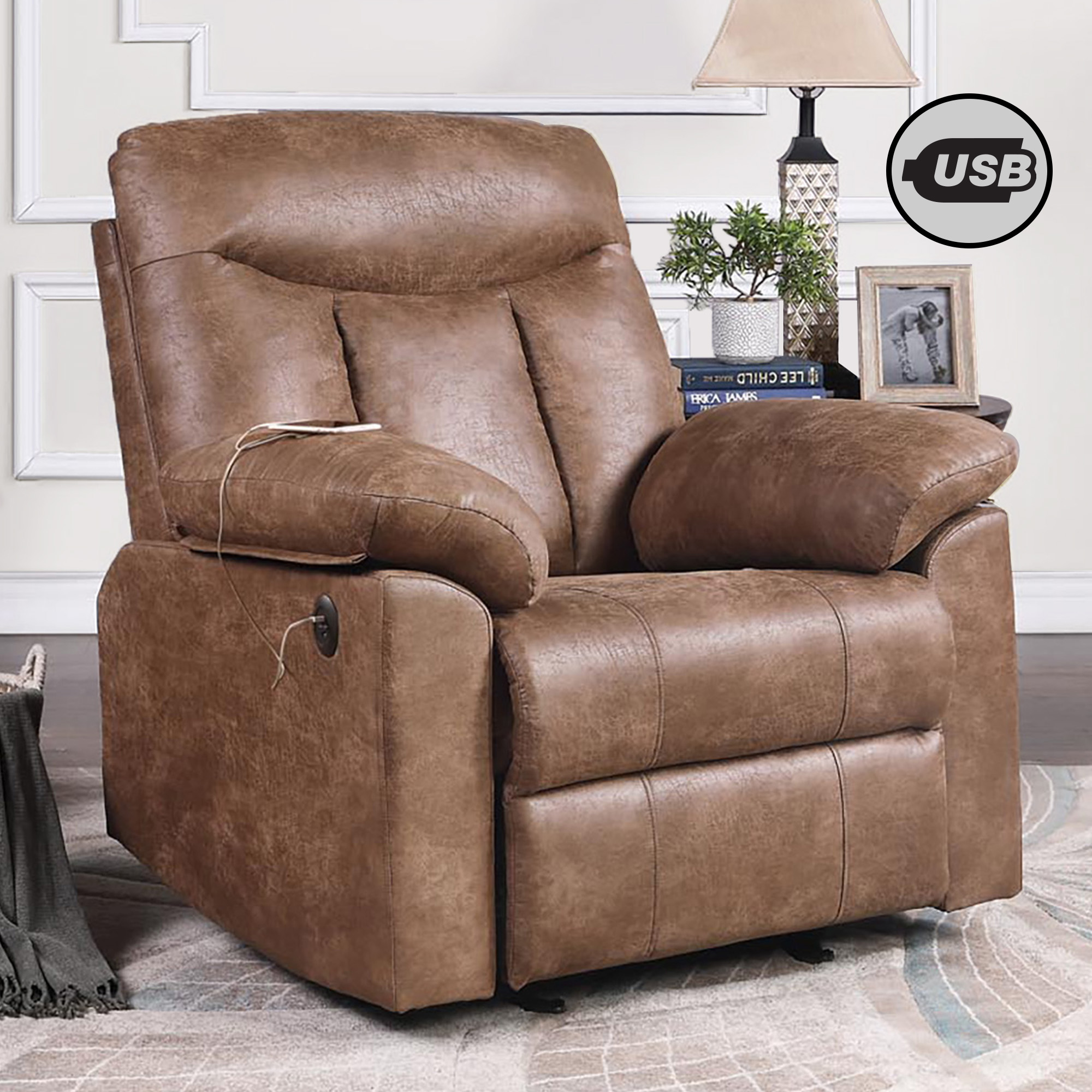 Becket Big and Tall Memory Foam Rocker Recliner W/USB Vintage Brown, Supports up to 500 lbs - image 1 of 10
