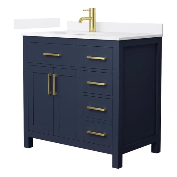 Beckett 36" Dark Blue Single Vanity & White Quartz Top (1-Hole) & Gold Trim