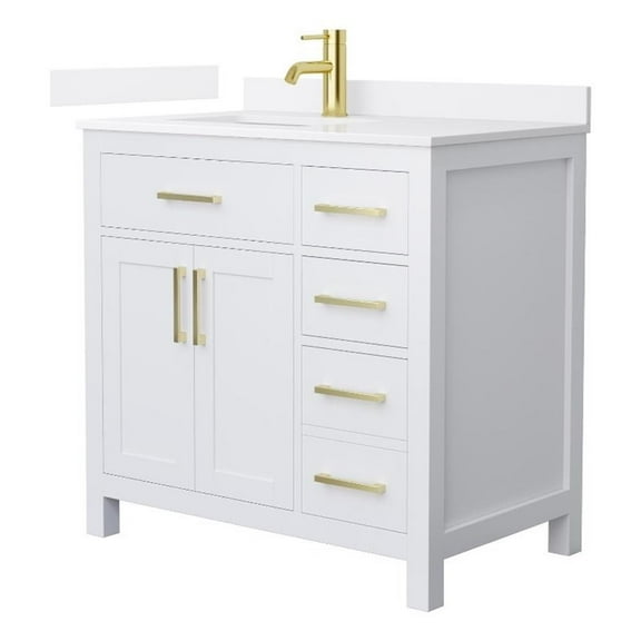 Beckett 36" White Single Vanity & White Quartz Top (1-Hole) & Gold Trim