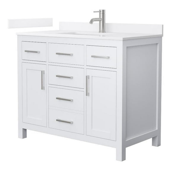 Beckett 42" White Single Vanity & White Quartz Top (1-Hole) & Nickel Trim