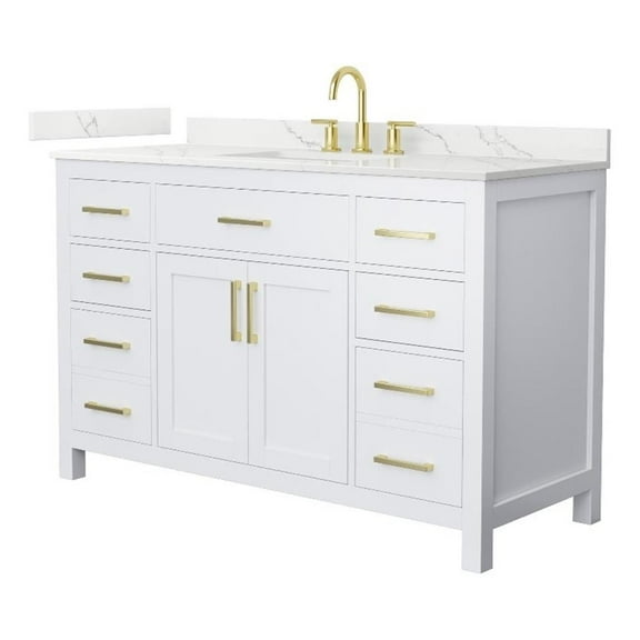 Beckett 54" White Single Vanity & Giotto Quartz Top (3-Hole) & Gold Trim