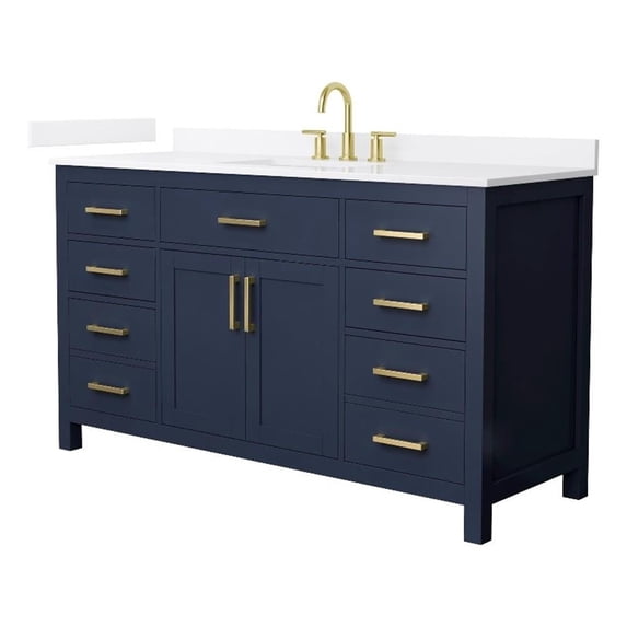 Beckett 60" Dark Blue Single Vanity & White Quartz Top (3-Hole) & Gold Trim