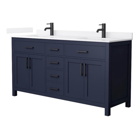 Beckett 66" Dark Blue Double Vanity & White Quartz Top (1-Hole) & Black Trim