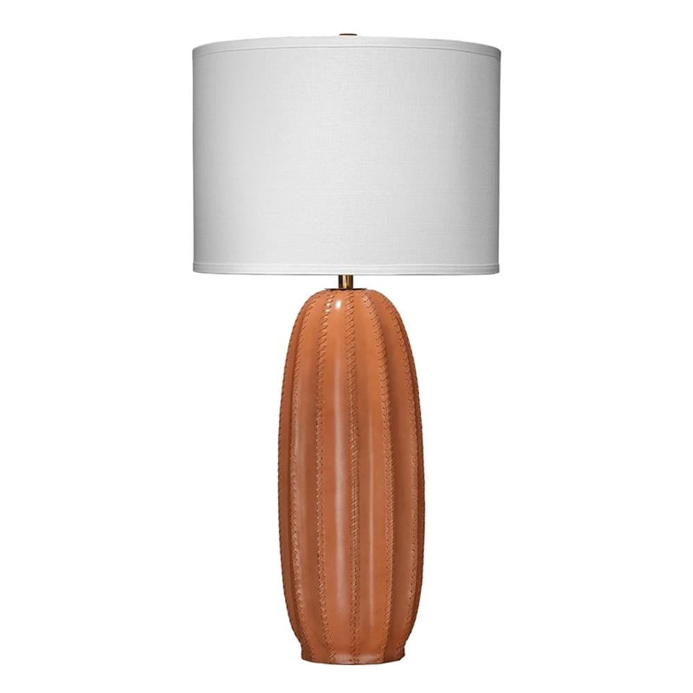 Tan Leather Table Lamp with White Linen Shade