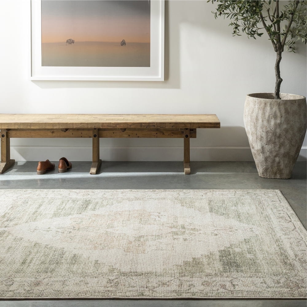 Ivory Wool-Synthetic Blend Handmade-Look Rectangular Rug, 6'7" x 9'