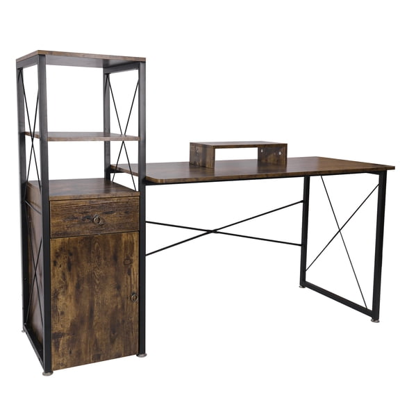 Becko US Computer Desk with Hutch and Drawer (Rustic Brown)