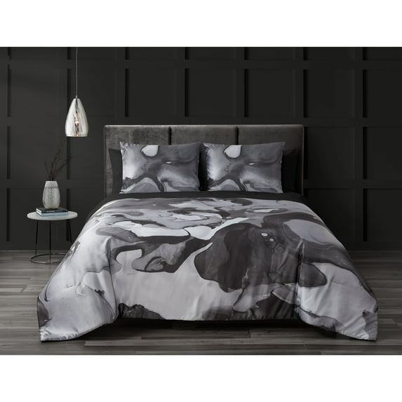 Beco Home Midnight Marble 7 Piece Black Marble Bed in a Bag 7 Piece - King