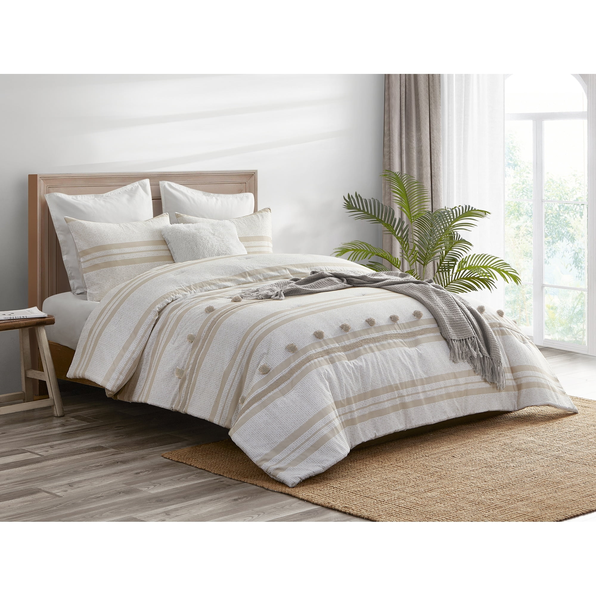 Full Gray Cotton Reversible Comforter Set with Pom Pom Stripes