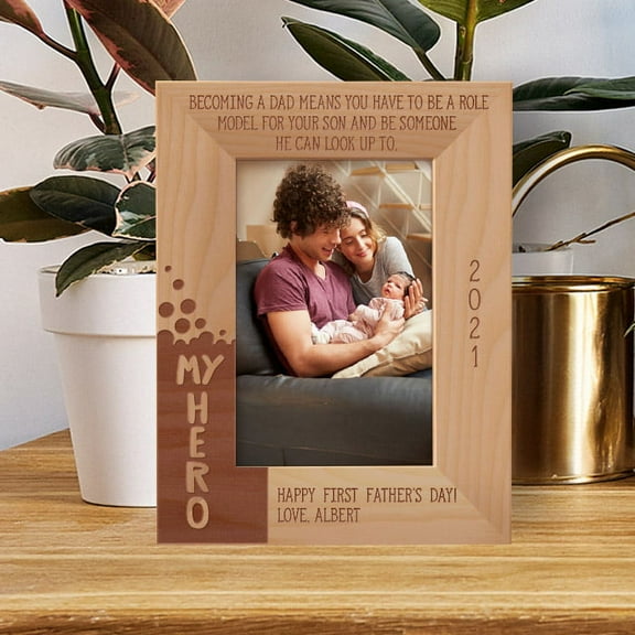 Becoming A Dad Means You Have To Be A Role Model For Your Son And Be Someone He Can Look Up To Personalized Wooden Frame 4" x 6" Brown (Vertical)