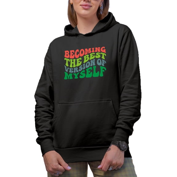 Becoming the Best Version of Myself, Personal Development or Growth Quote, Groovy Retro Wavy Text Merch Gift, Black Hooded Sweatshirt or Hoodie, Small