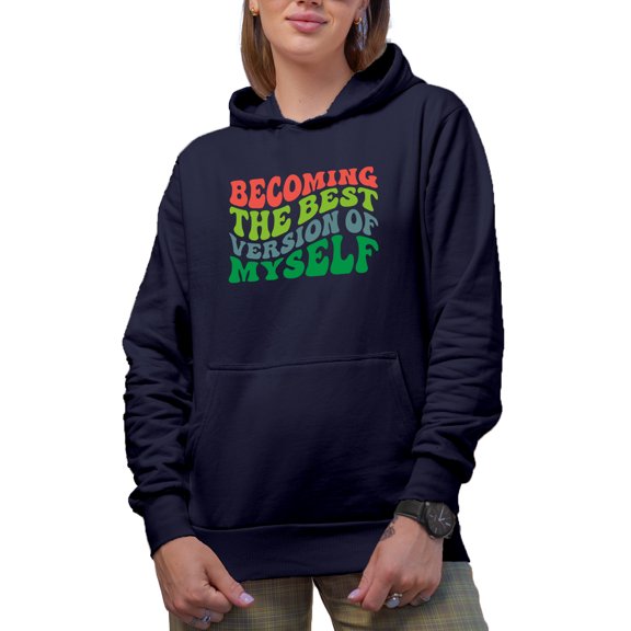 Becoming the Best Version of Myself, Personal Development or Growth Quote, Groovy Retro Wavy Text Merch Gift, Navy Blue Hooded Sweatshirt or Hoodie, Medium