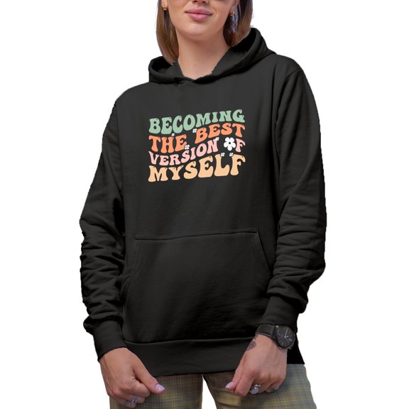 Becoming the Best Version of Myself, Personal Growth or Development Quote, Groovy Retro Wavy Text Merch Gift, Black Hooded Sweatshirt or Hoodie, Medium