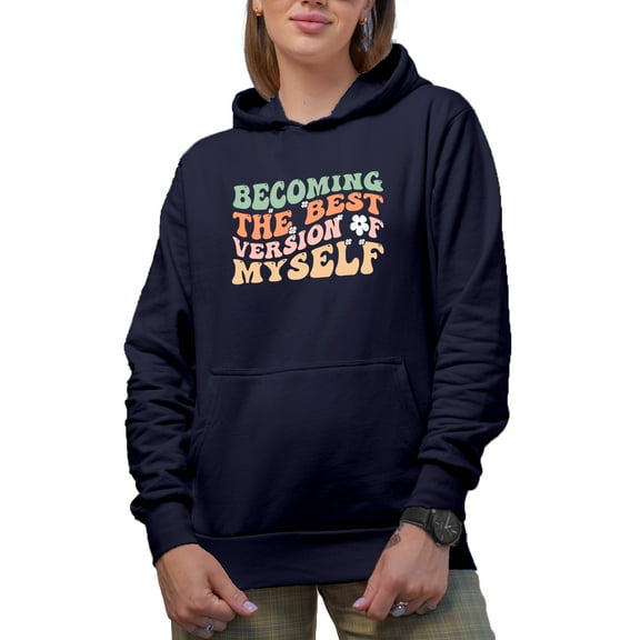 Becoming the Best Version of Myself, Personal Growth or Development Quote, Groovy Retro Wavy Text Merch Gift, Navy Blue Hooded Sweatshirt or Hoodie, Medium