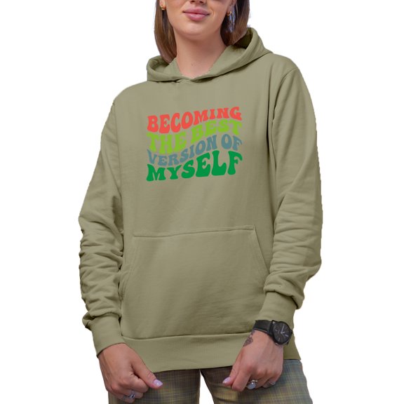 Becoming the Best Version of Myself, Personal Development Quote, Groovy Retro Wavy Text Merch Gift, Sand Hooded Sweatshirt or Hoodie, Medium